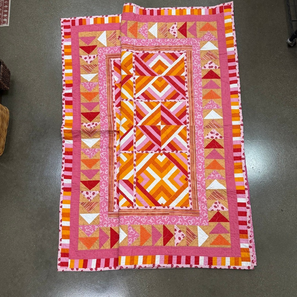 Y2K Style Handmade Twin Quilt Pink Orange Red Flying Geese Hearts 60x96